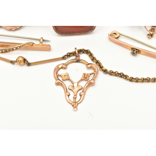 69 - A COLLECTION OF VICTORIAN AND EARLY 20TH CENTURY 9CT GOLD, YELLOW METAL AND ROLLED GOLD JEWELLERY, t... 