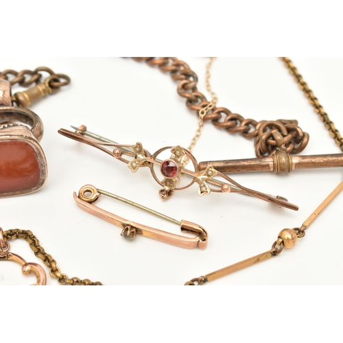 69 - A COLLECTION OF VICTORIAN AND EARLY 20TH CENTURY 9CT GOLD, YELLOW METAL AND ROLLED GOLD JEWELLERY, t... 