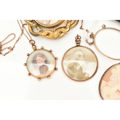 70 - A COLLECTION OF VICTORIAN AND EDWARDIAN CAMEO, PHOTOGRAPH JEWELLERY AND CASED SPECTACLES WITH YELLOW... 