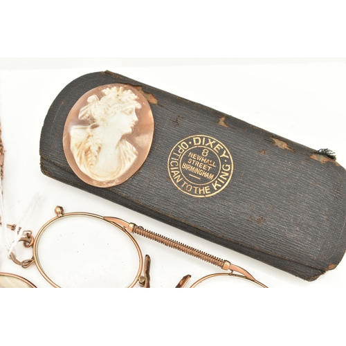 70 - A COLLECTION OF VICTORIAN AND EDWARDIAN CAMEO, PHOTOGRAPH JEWELLERY AND CASED SPECTACLES WITH YELLOW... 