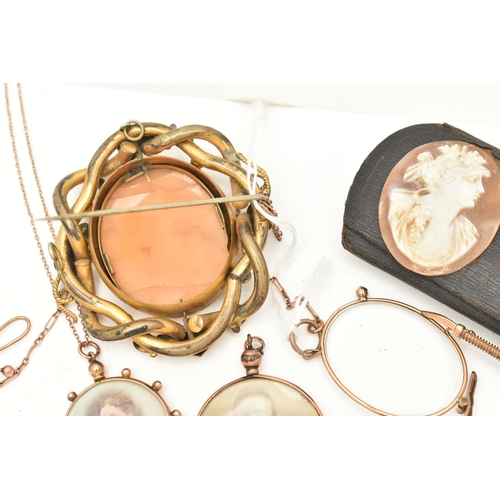 70 - A COLLECTION OF VICTORIAN AND EDWARDIAN CAMEO, PHOTOGRAPH JEWELLERY AND CASED SPECTACLES WITH YELLOW... 