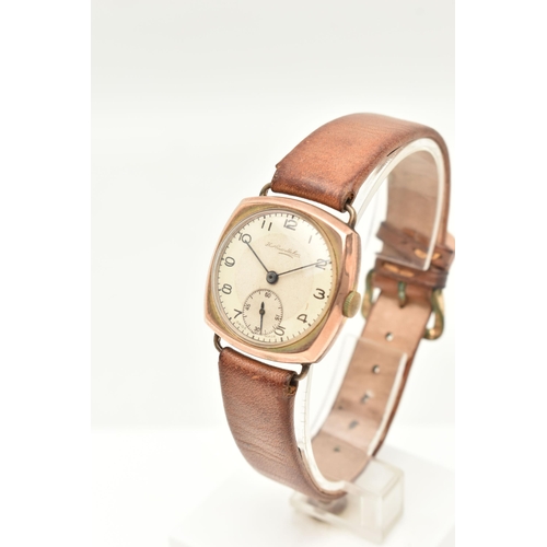 72 - A VINTAGE 1940S 9CT ROSE GOLD THOMAS RUSSELL & SON WRISTWATCH, the circular silver dial, with black ... 