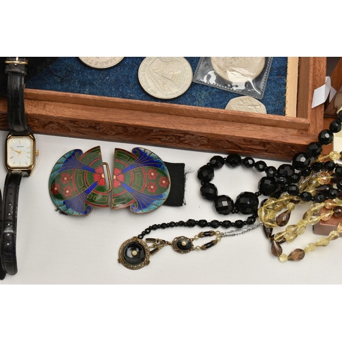 104 - A SELECTION OF JEWELLERY, COINS, to include a three row citrine and smoky quartz faceted pear shape ... 