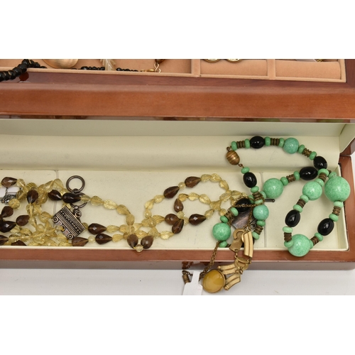 104 - A SELECTION OF JEWELLERY, COINS, to include a three row citrine and smoky quartz faceted pear shape ... 