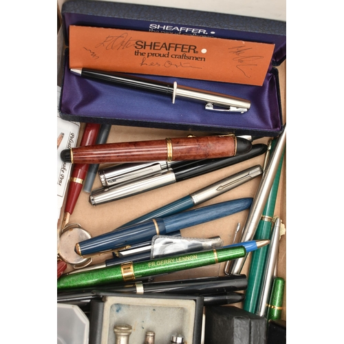 106 - A BOX OF ASSORTED PENS, to include Fountain pens, ball point pens, propelling pencils, etc names to ... 