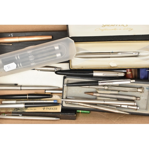 106 - A BOX OF ASSORTED PENS, to include Fountain pens, ball point pens, propelling pencils, etc names to ... 