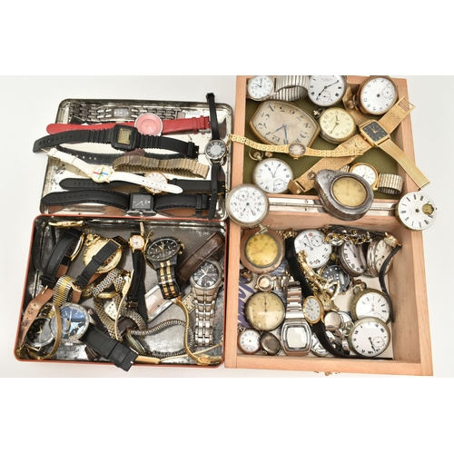 107 - TWO BOXES OF ASSORTED WRISTWATCHES AND POCKET WATCHES, to include a small wooden box and a biscuit t... 