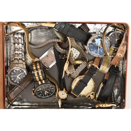 107 - TWO BOXES OF ASSORTED WRISTWATCHES AND POCKET WATCHES, to include a small wooden box and a biscuit t... 