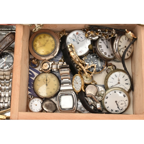 107 - TWO BOXES OF ASSORTED WRISTWATCHES AND POCKET WATCHES, to include a small wooden box and a biscuit t... 