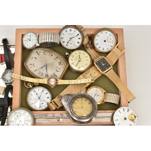 107 - TWO BOXES OF ASSORTED WRISTWATCHES AND POCKET WATCHES, to include a small wooden box and a biscuit t... 