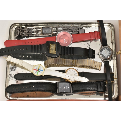 107 - TWO BOXES OF ASSORTED WRISTWATCHES AND POCKET WATCHES, to include a small wooden box and a biscuit t... 