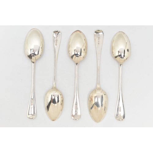 110 - FIVE LATE VICTORIAN TO EARLY 20TH CENTURY SILVER DESSERT SPOONS, to include a pair with hallmarks fo... 