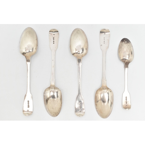 111 - A SET OF FIVE SILVER SPOONS, four fiddle pattern serving spoons and a table spoon, each engraved wit... 