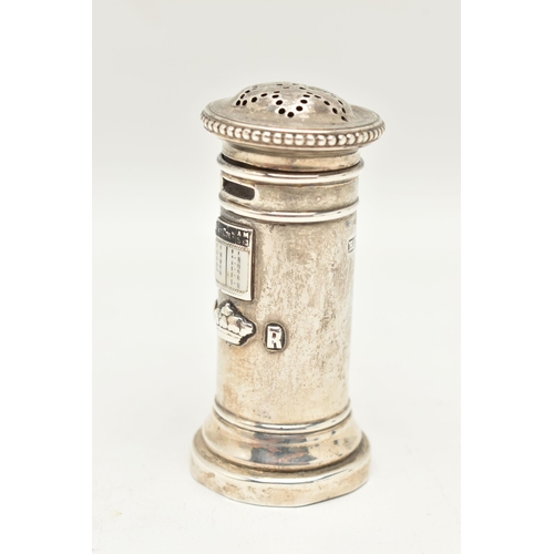 113 - A VICTORIA SILVER NOVELTY PEPPERETTE, designed as a novelty miniature post box, approximate height 7... 