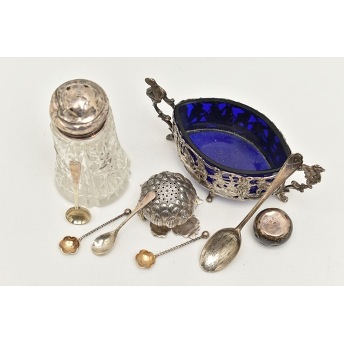 117 - AN ASSORTMENT OF SILVER AND WHITE METAL, to include four silver salt spoons, a silver teaspoon, a si... 