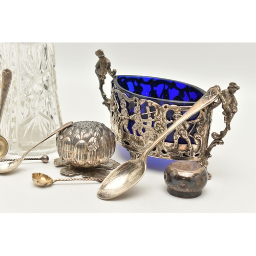 117 - AN ASSORTMENT OF SILVER AND WHITE METAL, to include four silver salt spoons, a silver teaspoon, a si... 