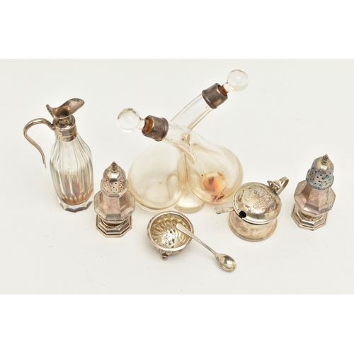 119 - A SELECTON OF SILVERWARE, to include a mid-Victorian glass oil and vinegar bottle with silver collar... 