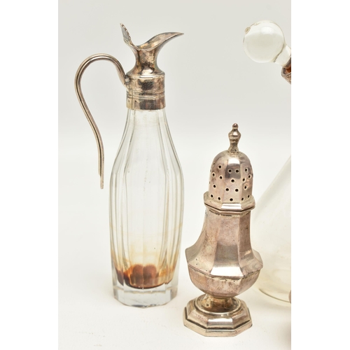 119 - A SELECTON OF SILVERWARE, to include a mid-Victorian glass oil and vinegar bottle with silver collar... 