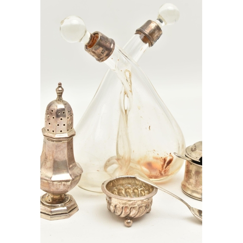 119 - A SELECTON OF SILVERWARE, to include a mid-Victorian glass oil and vinegar bottle with silver collar... 