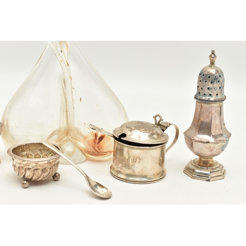 119 - A SELECTON OF SILVERWARE, to include a mid-Victorian glass oil and vinegar bottle with silver collar... 