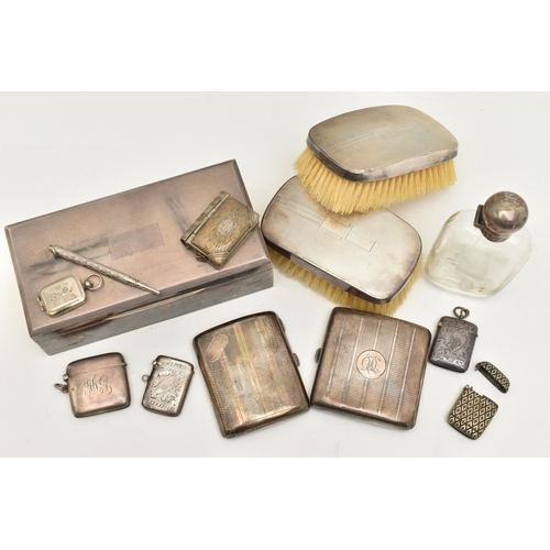 120 - A COLLECTION OF SILVERWEAR AND WHITE METAL ITEMS, to include a wooden cigar box with outer silver en... 