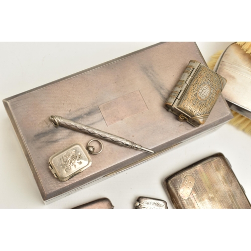 120 - A COLLECTION OF SILVERWEAR AND WHITE METAL ITEMS, to include a wooden cigar box with outer silver en... 