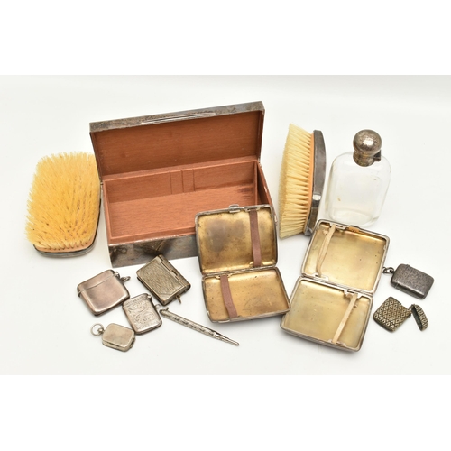 120 - A COLLECTION OF SILVERWEAR AND WHITE METAL ITEMS, to include a wooden cigar box with outer silver en... 