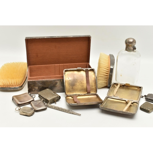 120 - A COLLECTION OF SILVERWEAR AND WHITE METAL ITEMS, to include a wooden cigar box with outer silver en... 