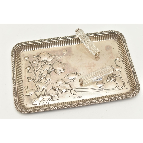 123 - A LATE VICTORIAN SILVER TRAY AND A PAIR OF CUT GLASS CUTLERY RESTS, the rectangular tray depicting f... 