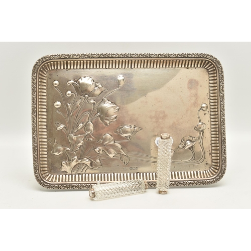 123 - A LATE VICTORIAN SILVER TRAY AND A PAIR OF CUT GLASS CUTLERY RESTS, the rectangular tray depicting f... 