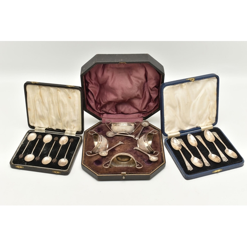 126 - A CASED SET OF FOUR SILVER OPEN SALTS, AND TWO CASED SETS OF SILVER SPOONS, the late Victorian silve... 