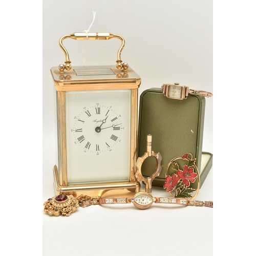 129 - A BOX OF ASSORTED ITEMS, to include a brass carriage clock, signed 'Angelus', service plaque added t... 