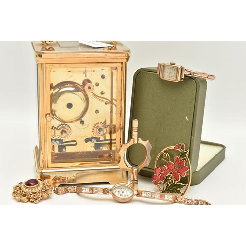 129 - A BOX OF ASSORTED ITEMS, to include a brass carriage clock, signed 'Angelus', service plaque added t... 