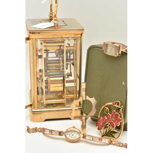 129 - A BOX OF ASSORTED ITEMS, to include a brass carriage clock, signed 'Angelus', service plaque added t... 