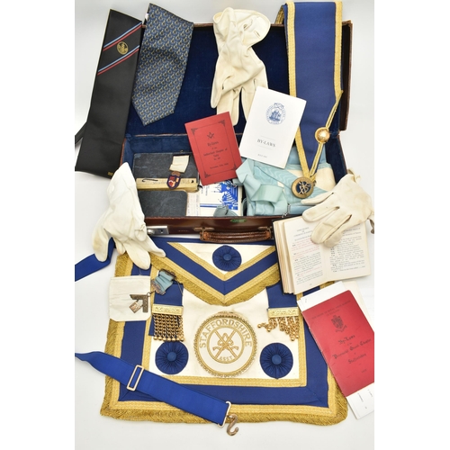 130 - A CASED SET OF MASOINC REGALIA, from the Sutherland Lodge of Unity, to include a silver medal with r... 