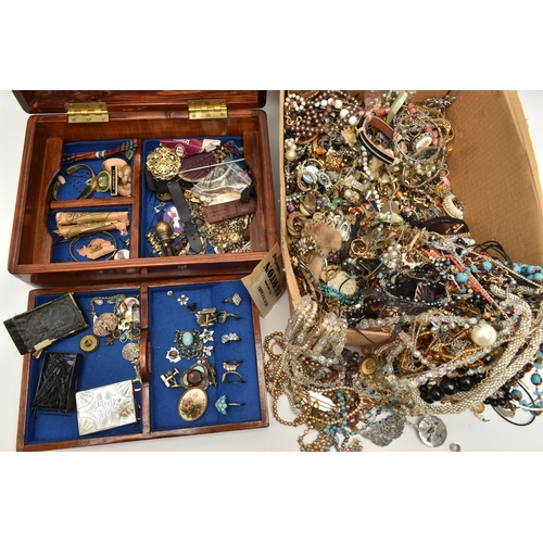 132 - TWO BOXES OF ASSORTED COSTUME JEWELLERY, to include a wooden jewellery box with contents to include ... 