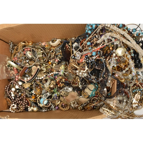 132 - TWO BOXES OF ASSORTED COSTUME JEWELLERY, to include a wooden jewellery box with contents to include ... 