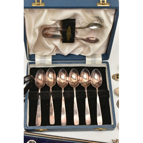 133 - A SELECTION OF SILVER PLATED WARE, to include a cased set of six Mappin & Webb teaspoons and a pair ... 