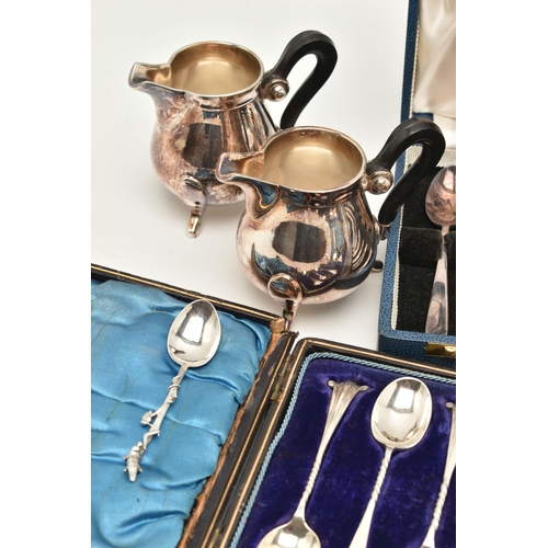 133 - A SELECTION OF SILVER PLATED WARE, to include a cased set of six Mappin & Webb teaspoons and a pair ... 