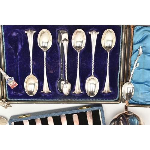 133 - A SELECTION OF SILVER PLATED WARE, to include a cased set of six Mappin & Webb teaspoons and a pair ... 