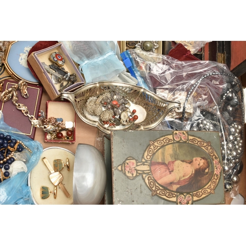 136 - A LARGE QUANTITY OF COSTUME JEWELLERY, WHITE METAL JEWELLERY AND A SILVER DISH, the silver dish hall... 