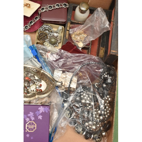 136 - A LARGE QUANTITY OF COSTUME JEWELLERY, WHITE METAL JEWELLERY AND A SILVER DISH, the silver dish hall... 