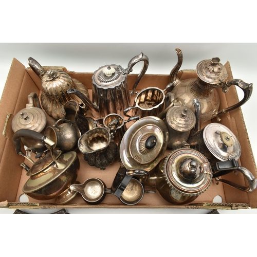 138 - A BOX OF ASSORTED WHITE METAL, to include a selection of teapots, milk jugs, sugar pots, a sauce boa... 