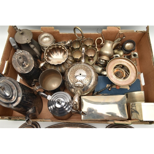 139 - A BOX OF ASSORTED WHITE METAL, to include teapots, tankards, a cigarette box, a trinket box, a tray,... 