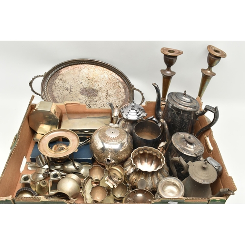 139 - A BOX OF ASSORTED WHITE METAL, to include teapots, tankards, a cigarette box, a trinket box, a tray,... 