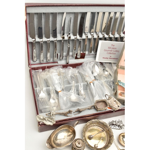 140 - A BOX OF ASSORTED ITEMS, to include a 100 piece gourmet cutlery collection by Housley International,... 