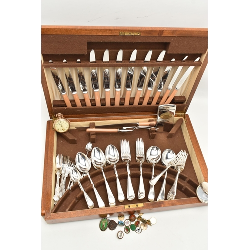 141 - CASED SILVER PLATED CUTLERY, POCKET WATCH ETC., the large hinged wooden box containing a selection o... 