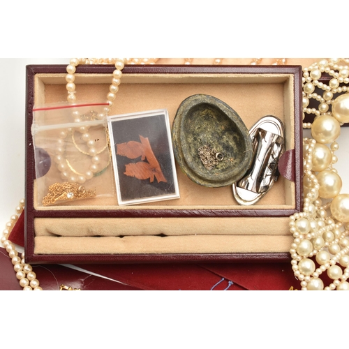 142 - A BOX OF ASSORTED ITEMS, to include a personalised jewellery box, assorted imitation pearl necklaces... 