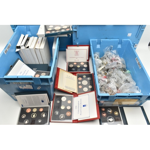 145 - TWO LARGE AND HEAVY PLASTIC TUBS AND A CARDBOARD BOX OF MIXED COINAGE AND UK YEAR PROOF SETS, to inc... 