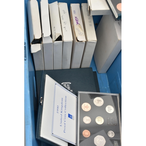 145 - TWO LARGE AND HEAVY PLASTIC TUBS AND A CARDBOARD BOX OF MIXED COINAGE AND UK YEAR PROOF SETS, to inc... 